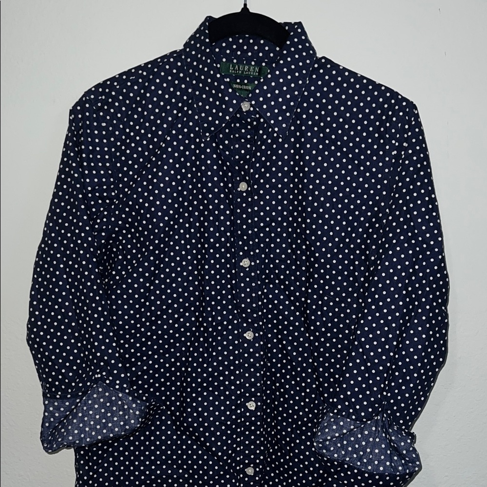 Ralph Lauren Navy and White Polka Dot 3/4 Sleeve Shirt